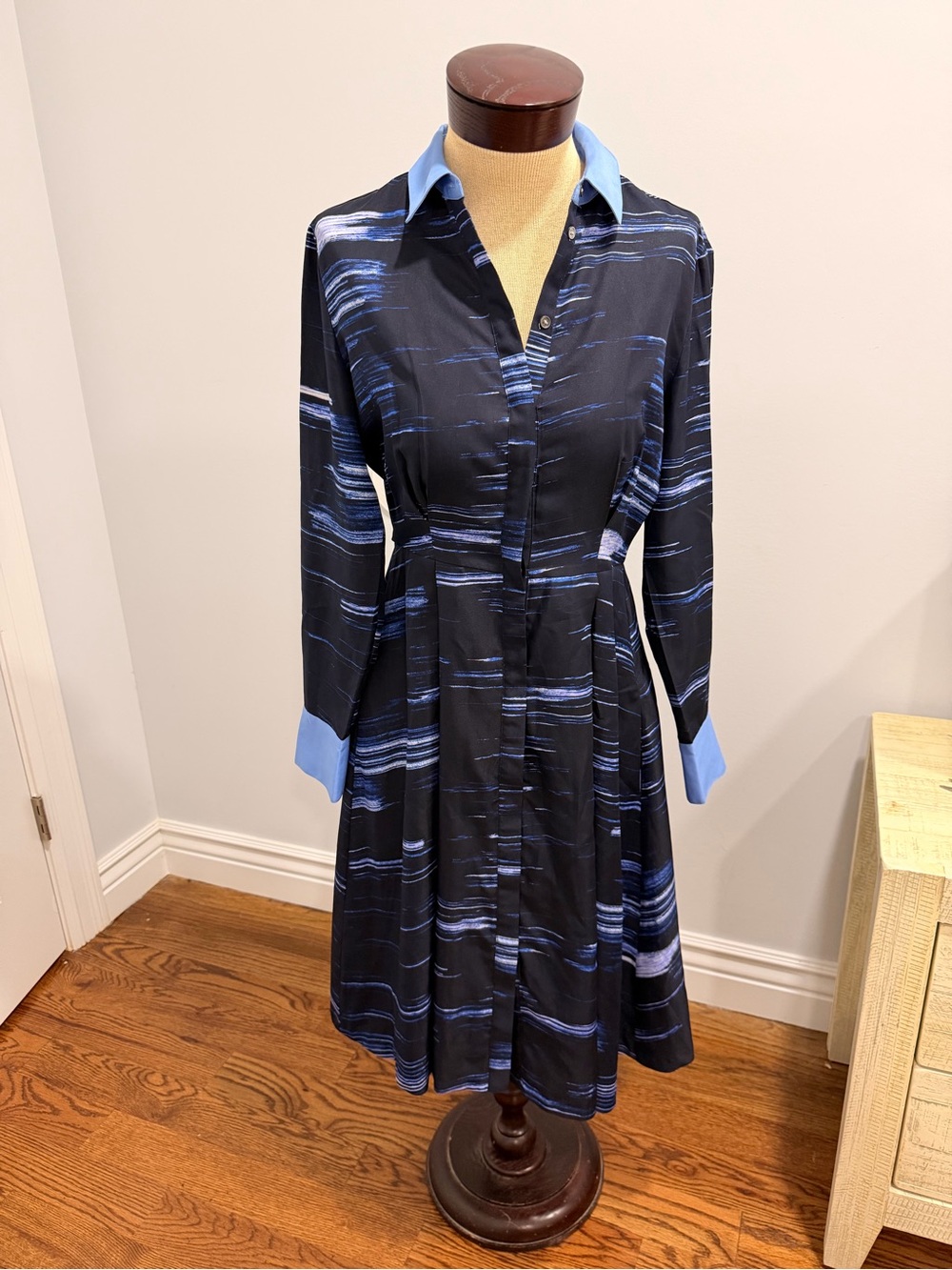 Banana Republic Black and Light Blue Brushstroke Long Sleeve Shirt Dress